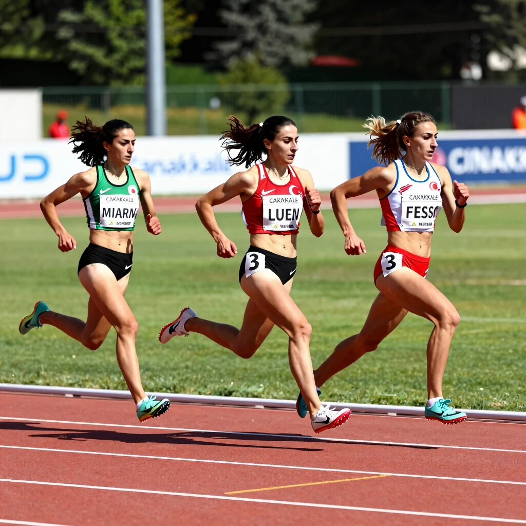 Çanakkale’li kadın atletler pistte yarışırken kararlılıkla koşuyor, atletizm sahasında dinamik an