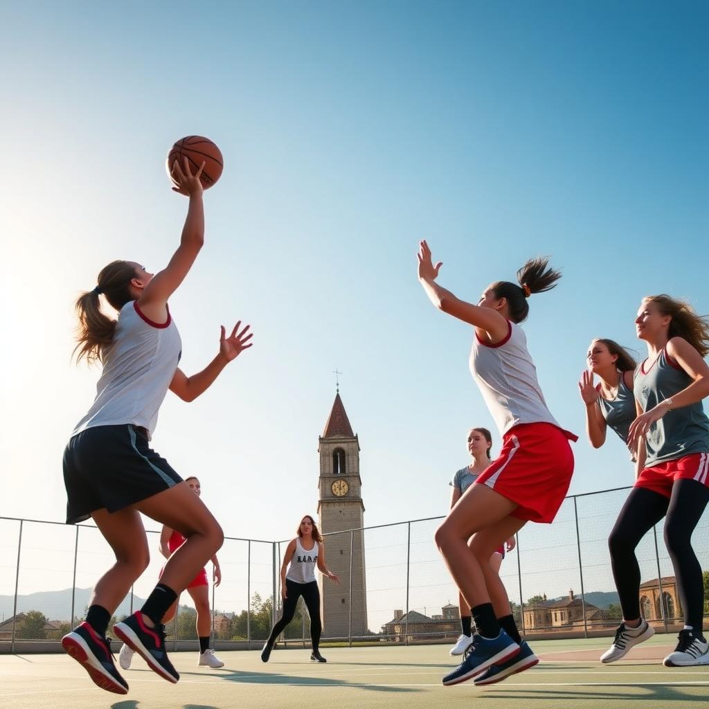 Çanakkale’de açık havada basketbol oynayan genç kadınların dinamik bir grup fotoğrafı, bir oyuncu topu atarken diğerleri savunma pozisyonunda, arka planda Çanakkale saat kulesi.