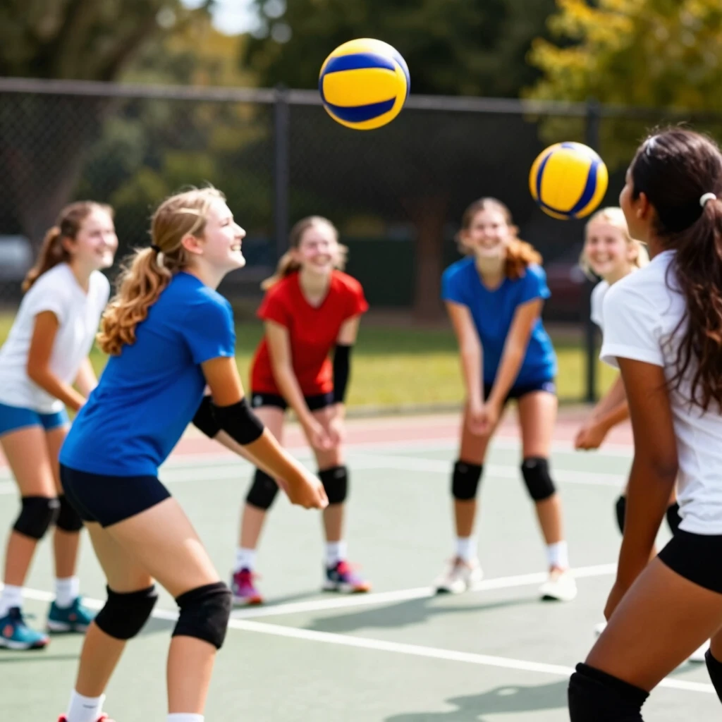 Güneşli bir günde açık hava voleybol sahasında top oynayan, gülümseyen ve enerjik genç kızlar grubu