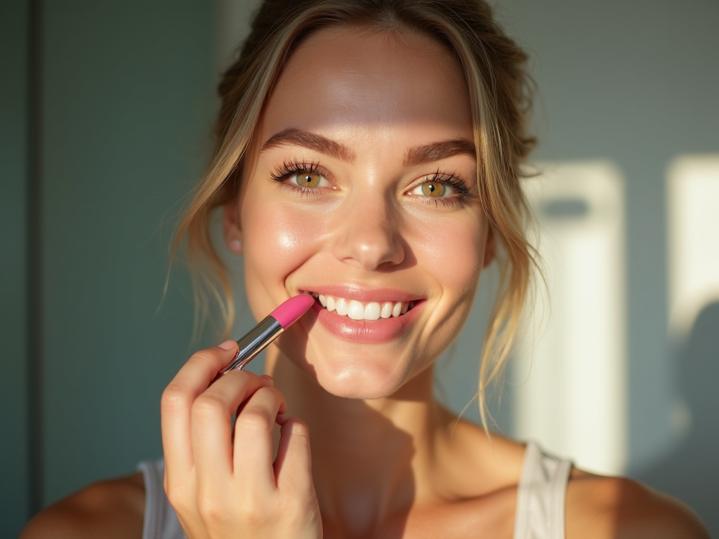 Lip tint ile doğal makyaj yapan genç kadın
