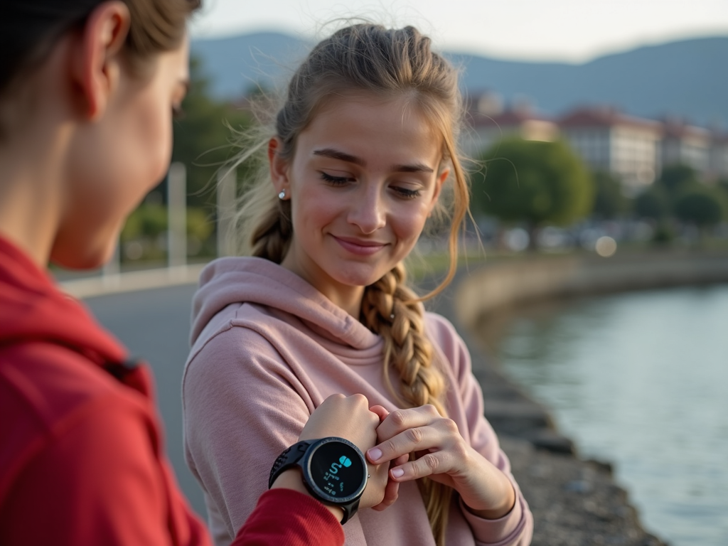 Çanakkale'de fitness takibi için akıllı saat kullanan ve IoT güvenliğine odaklanan genç bir kadın