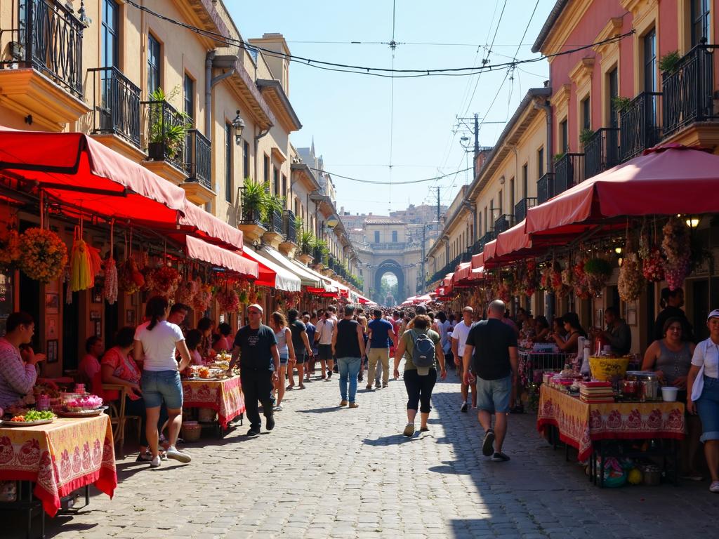 Troia Festivali sırasında canlı bir sokak sahnesi: yiyecek tezgahları, el sanatları satıcıları ve festival atmosferinin tadını çıkaran ziyaretçiler.