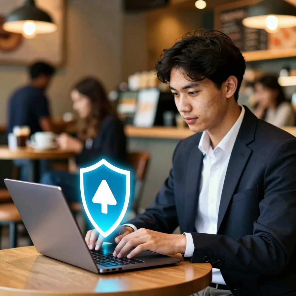 Kafe'de VPN ile güvenli internet kullanan profesyonel