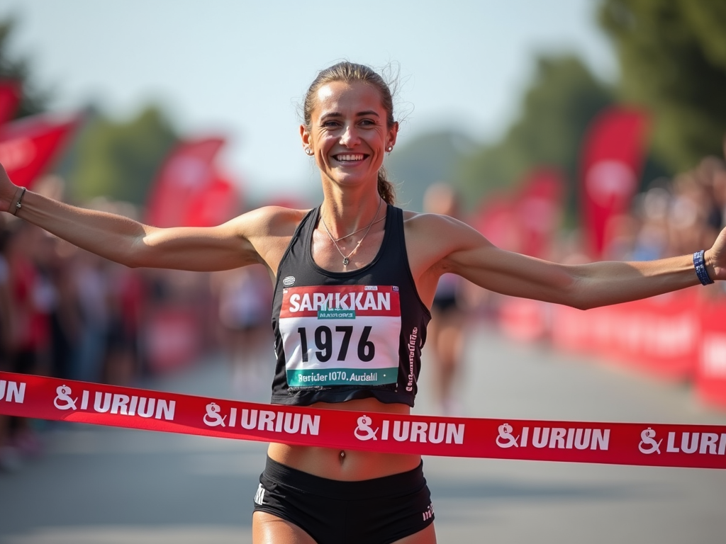 Çanakkale'de maraton koşan bir kadın sporcu, finish çizgisini geçerken zafer ifadesi ve doğal makyajıyla