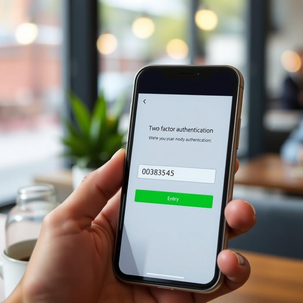 Bir akıllı telefon ekranında iki faktörlü kimlik doğrulama istemi görülüyor, arka planda bulanık bir kafe ortamı mobil güvenliği temsil ediyor.