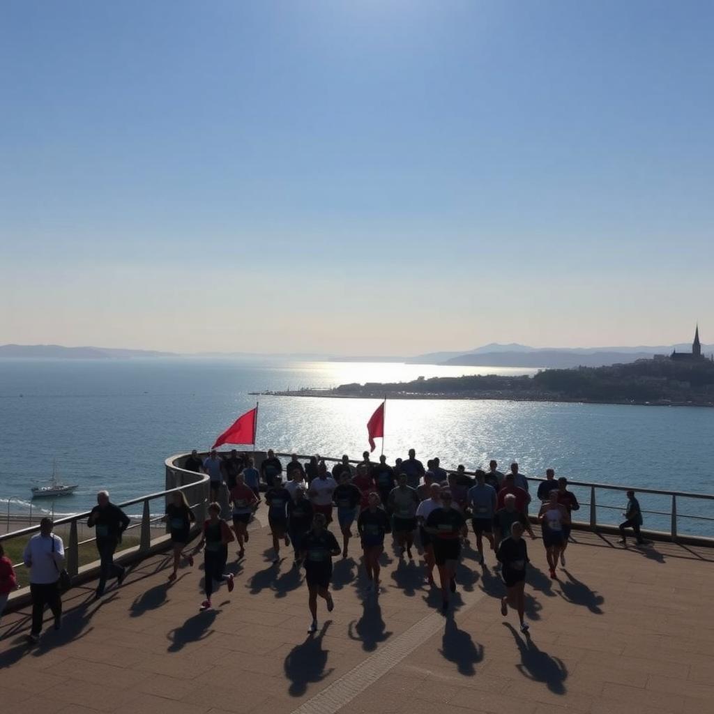 Çanakkale Maratonu’nda koşucuların gün doğumunda Dardanel sahilinden geçtiği manzaralı bir görüntü.
