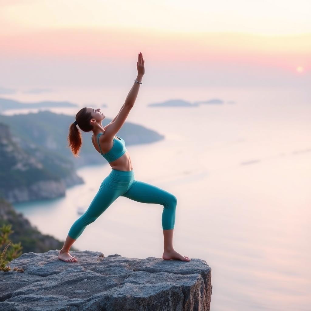 Çanakkale’de Çanakkale Boğazı’na karşı yoga yapan genç bir kız, turkuaz yoga kıyafetiyle savaşçı pozunda duruyor.