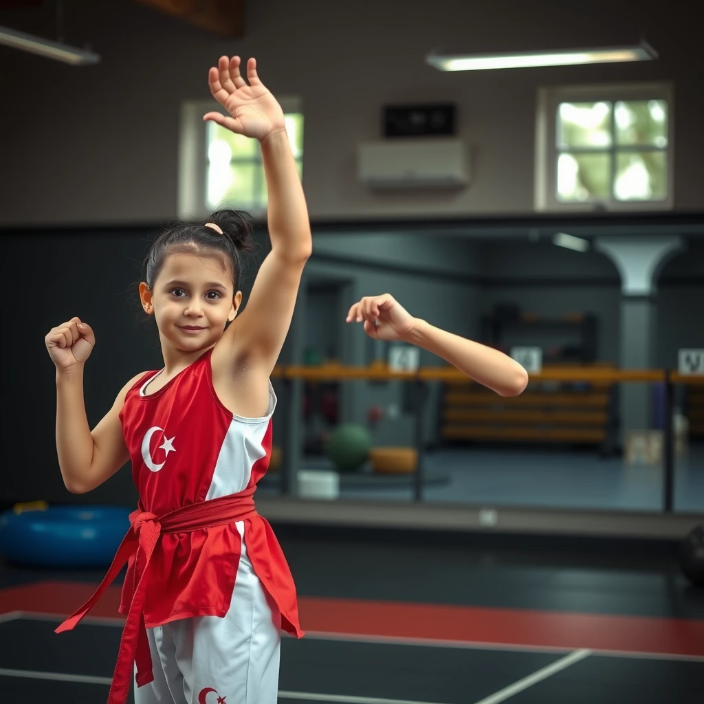 Güç ve zarafeti gösteren genç Türk kızlar jimnastik veya dövüş sanatları antrenmanında, spor salonu ortamı