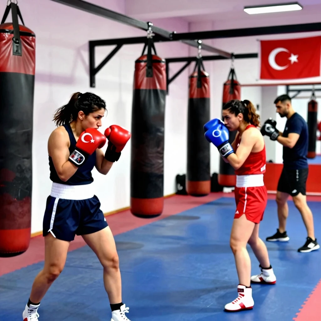 Türk kadın boksörler olimpiyat hazırlığı için antrenman yaparken