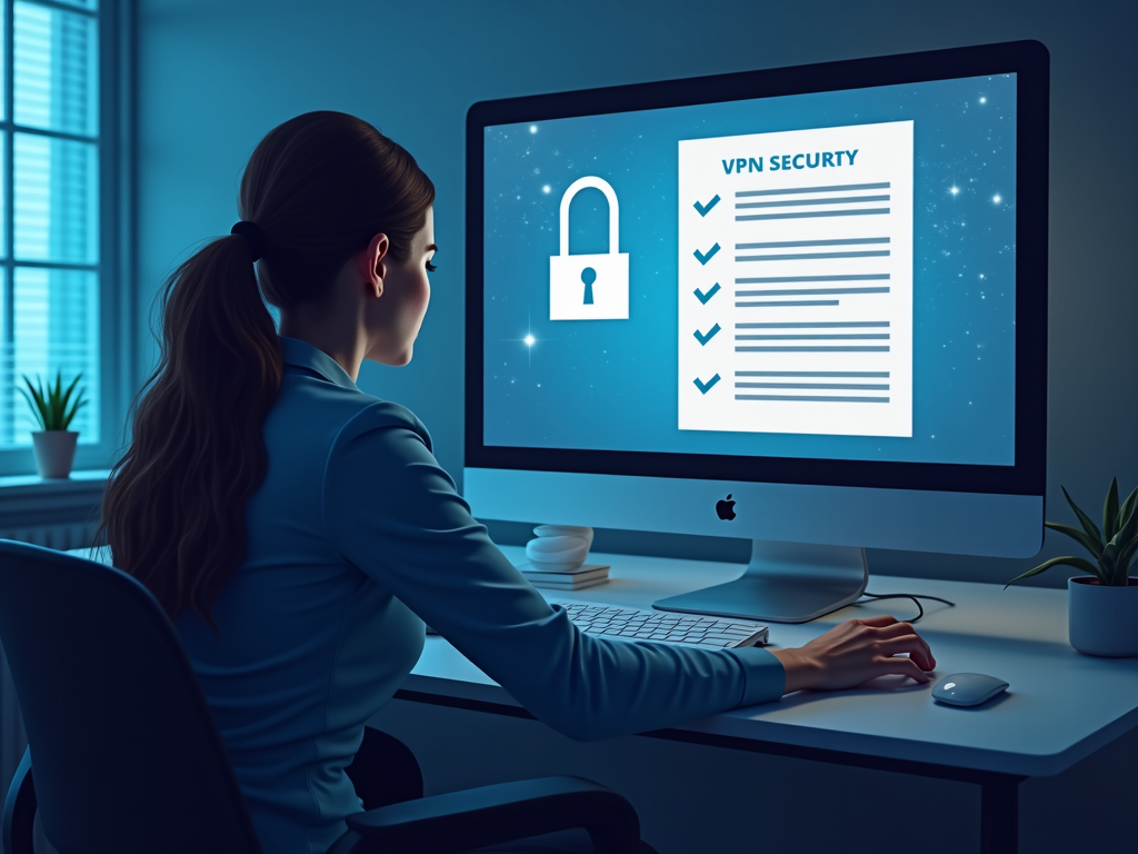 Bir masada oturan ve ekranda güvenlik kontrol listesi ile VPN logosu görünen bir kişi.