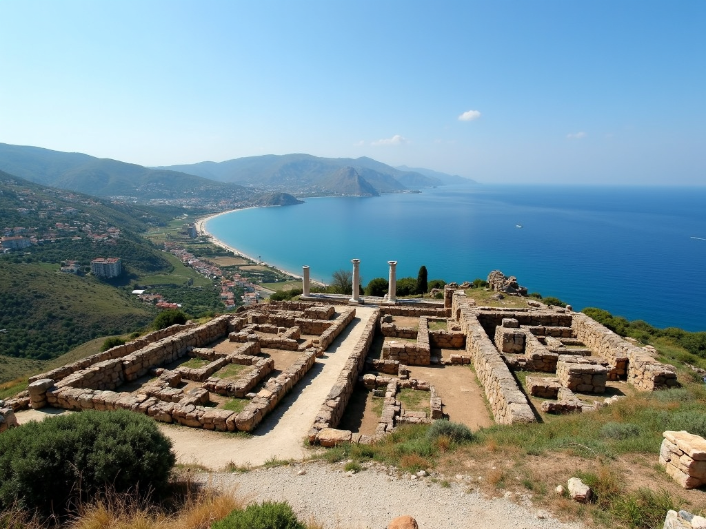 Assos Antik Kenti, turkuaz Ege Denizi’ne tepeden bakıyor, antik kalıntılar her yerde.