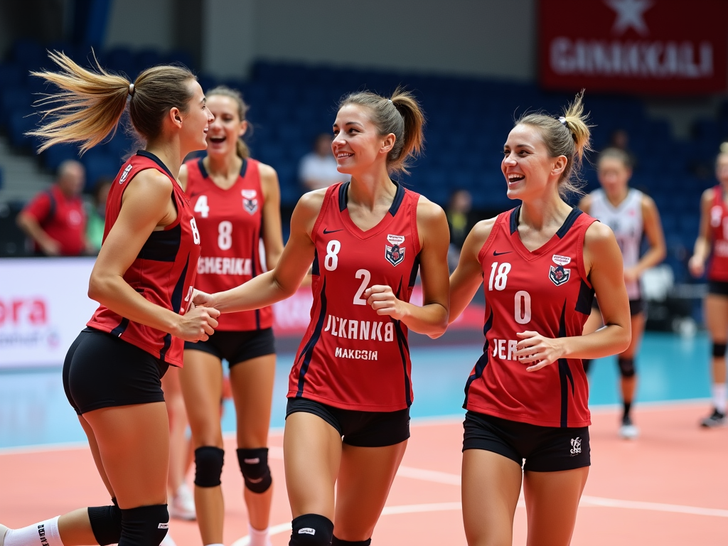 Çanakkale’de voleybol sahasında zafer kutlayan genç kadınlar, arka planda Çanakkale pankartı ile.