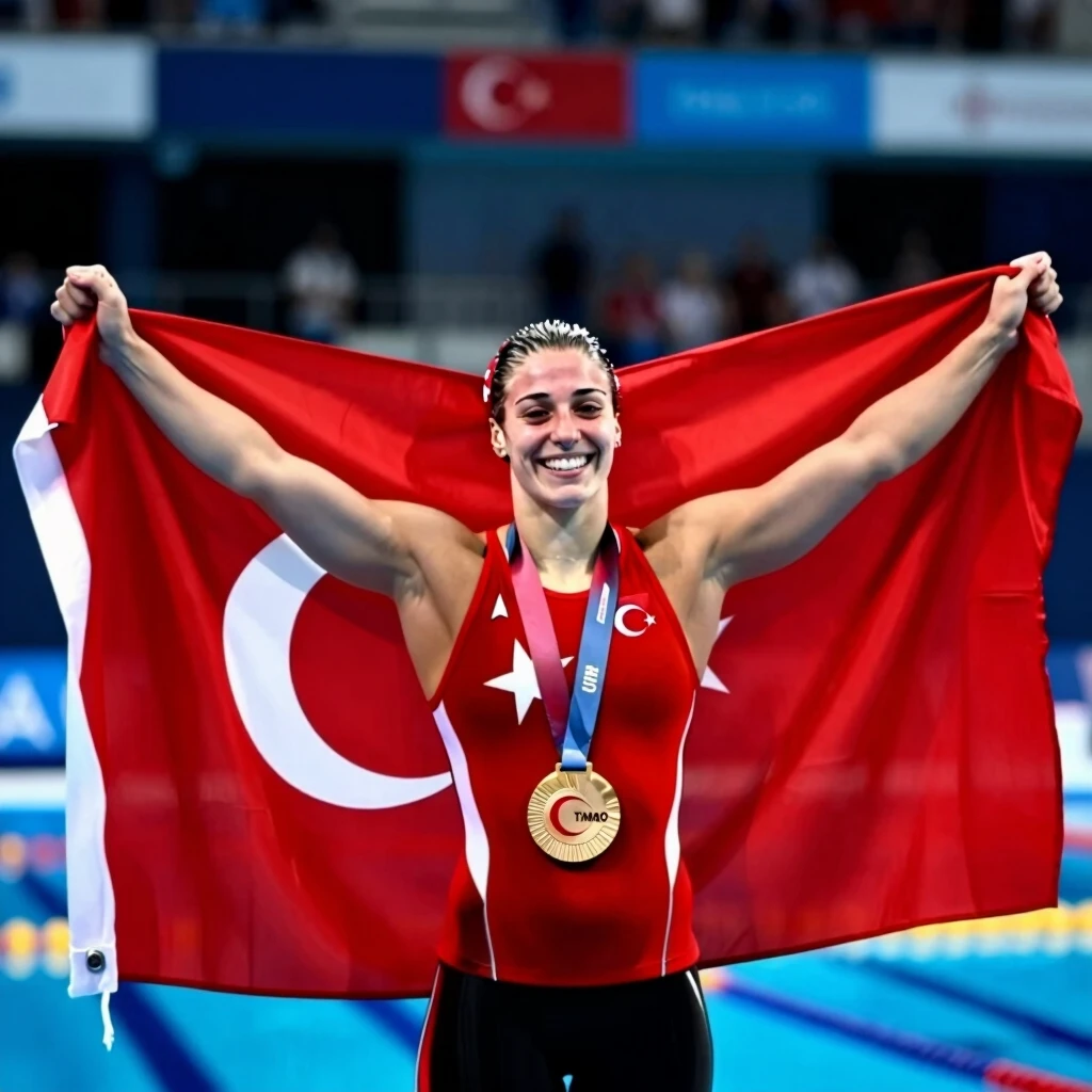 Madalya kazanan Türk kadın yüzücü kürsüde zafer kutluyor
