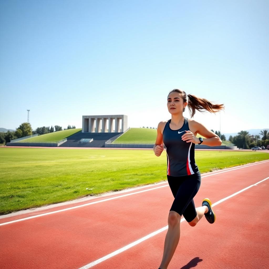 Çanakkale’de koşu pistinde sprint yapan genç bir kadın sporcu, arka planda Çanakkale Şehitler Anıtı ile.