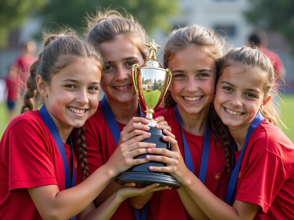 Çanakkale’de yerel bir turnuvayı kazanan spor üniformalı kızlar, kupayı gururla tutarak gülümsüyor.