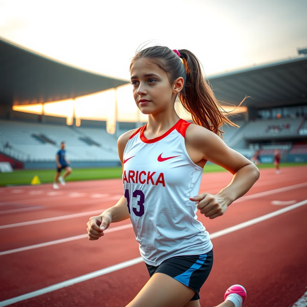 Atletizm pistinde koşan kararlı bir genç Türk kız sporcu