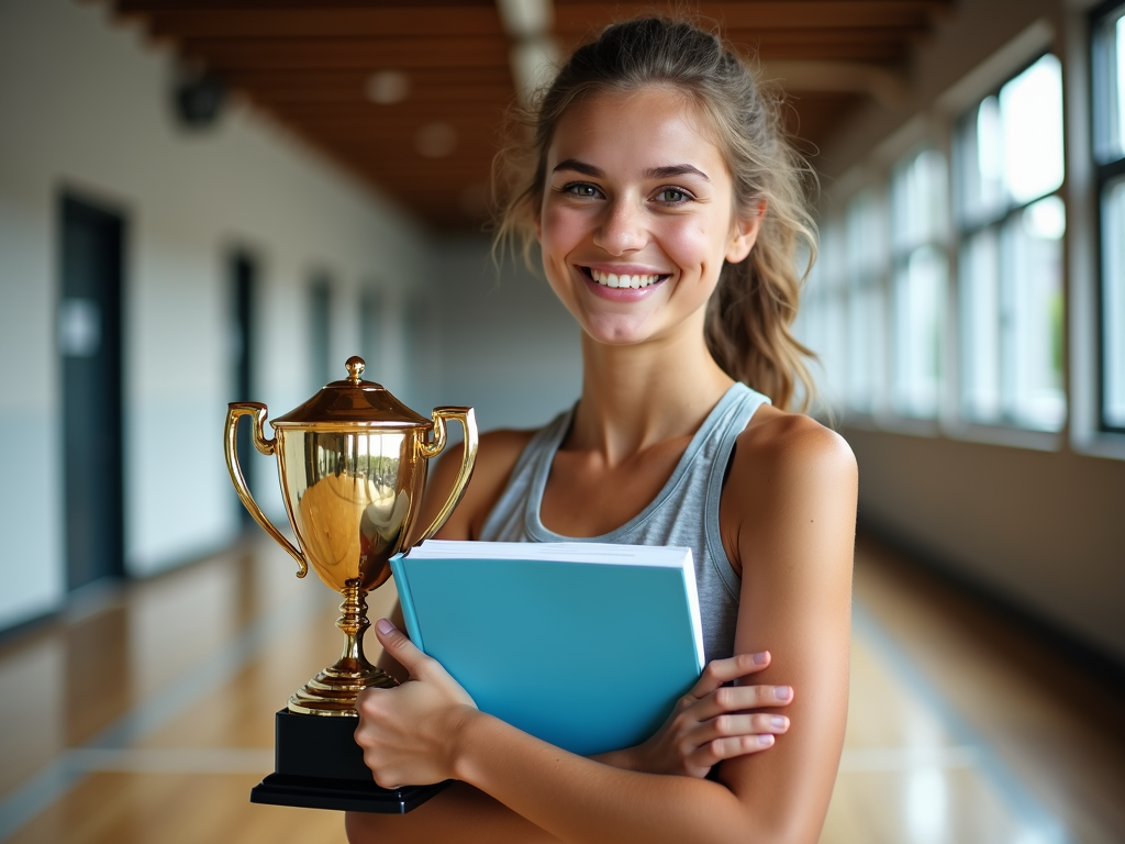 Genç bir sporcu kız, elinde kupa ve kitapla gülümseyerek spor ile akademik başarısını dengelediğini gösteriyor.