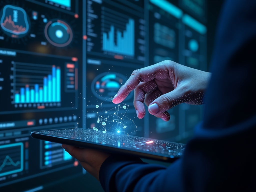 AI’nin siber tehditleri analiz ettiği, parlak holografik grafiklerle dolu fütüristik bir arayüz.