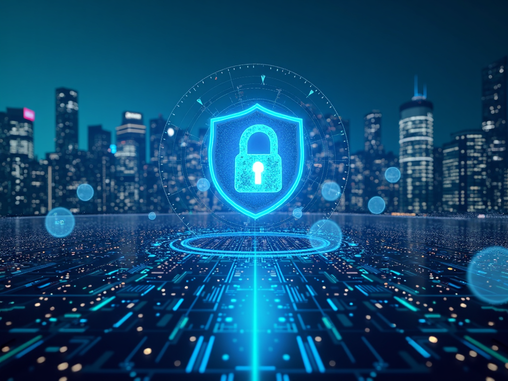 Gelişmiş VPN teknolojisi ve çevrimiçi güvenliği simgeleyen dijital unsurlarla fütüristik bir şehir manzarası.