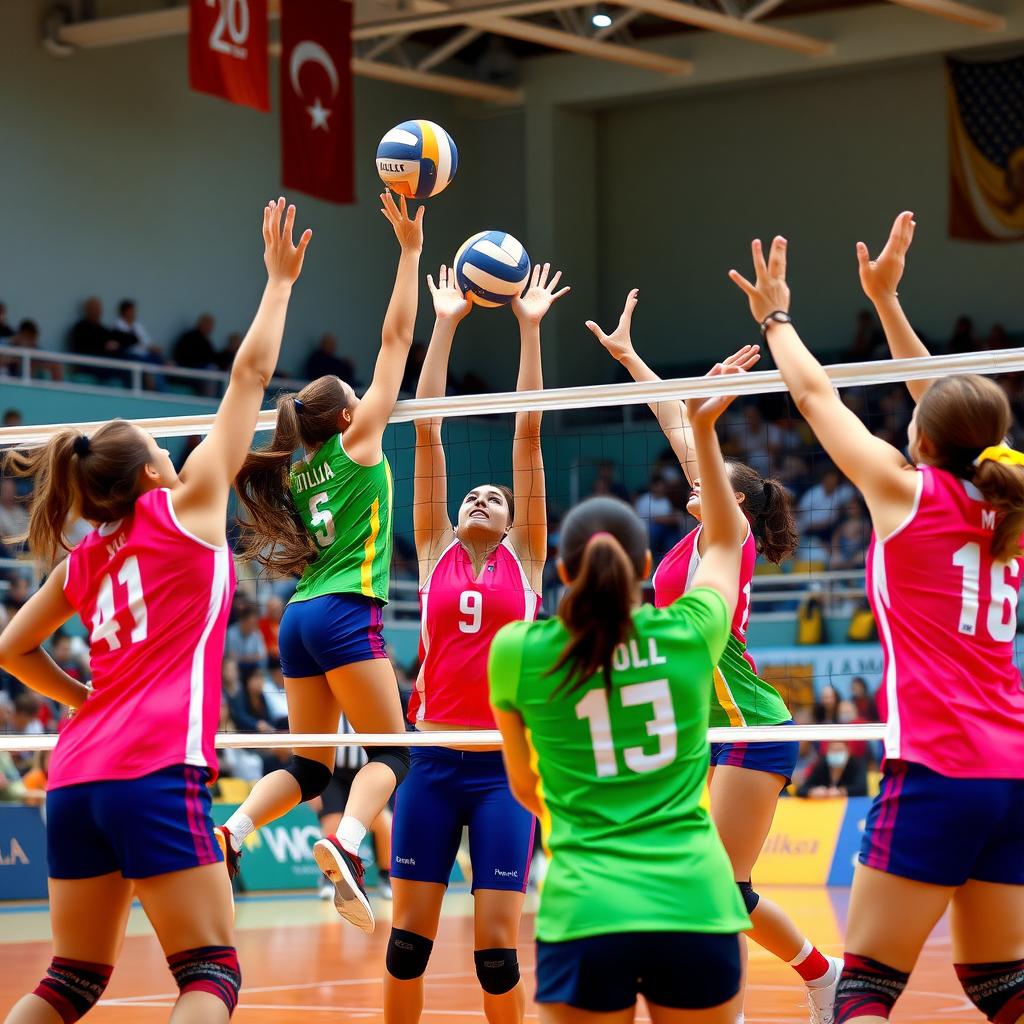 Çanakkale’de bir kadın voleybol takımının maç sırasında topa müdahale ettiği enerjik bir fotoğraf.
