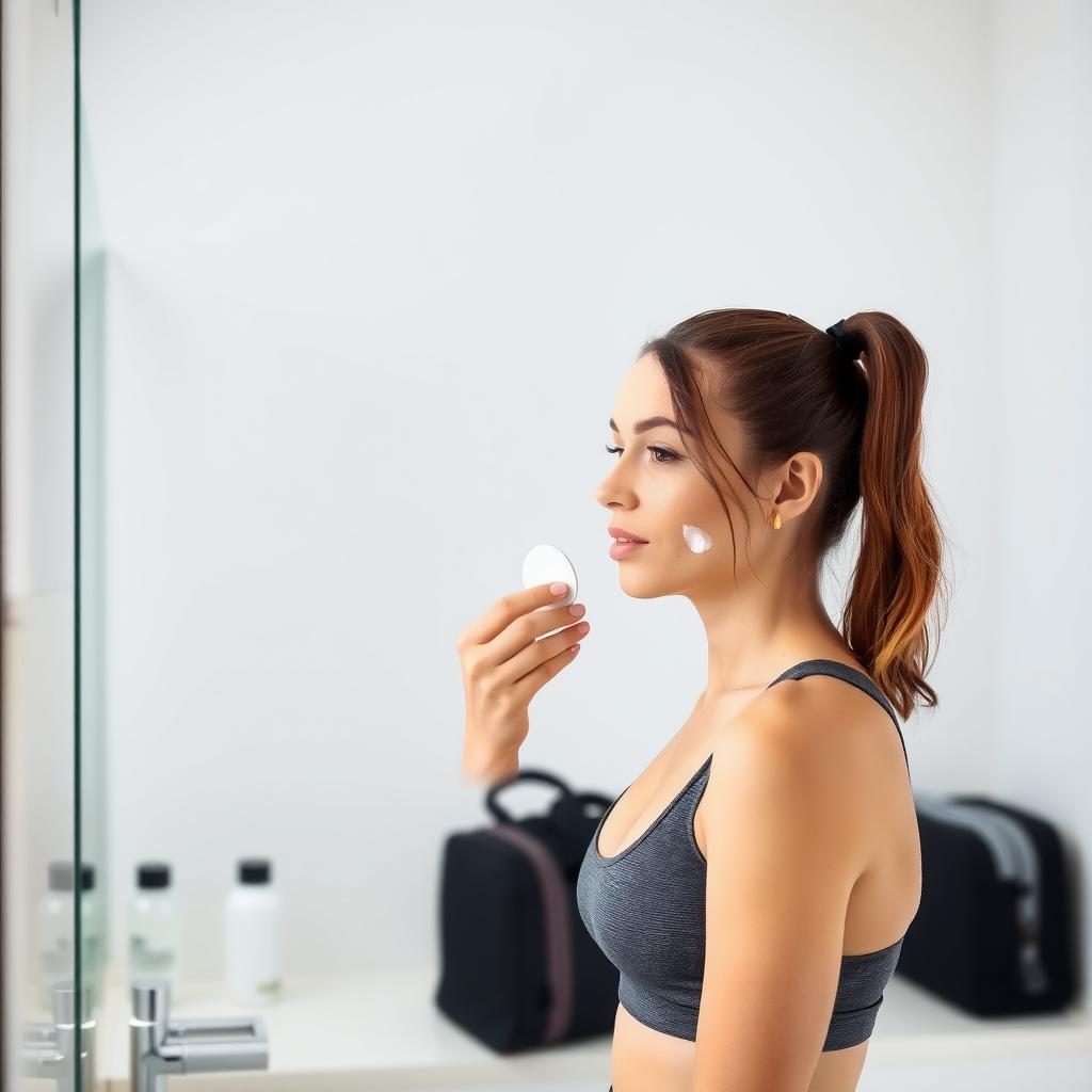 Spor kıyafetli bir kadının, aydınlık bir banyoda makyaj süngeriyle hafif bir BB krem uyguladığı, arka planda spor çantası ve su şişesiyle öncesi rutini vurgulayan bir görüntü.