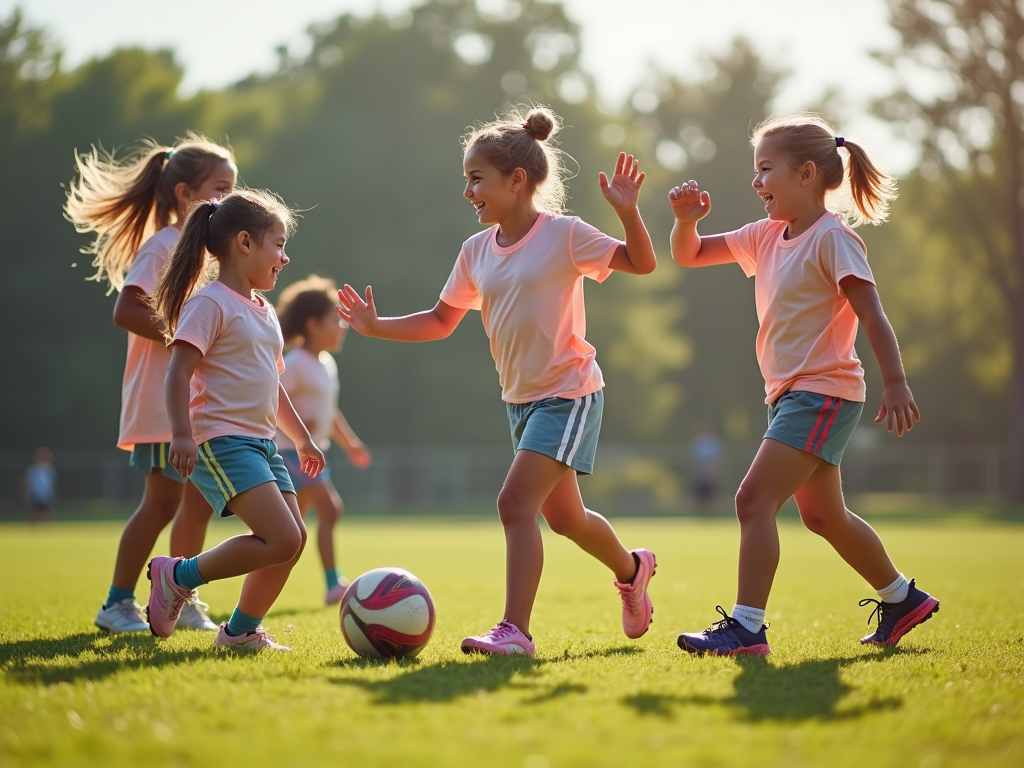 Güneşli bir günde futbol oynayan genç kızlar, gülümseyerek ve birbirlerine çak yaparak.