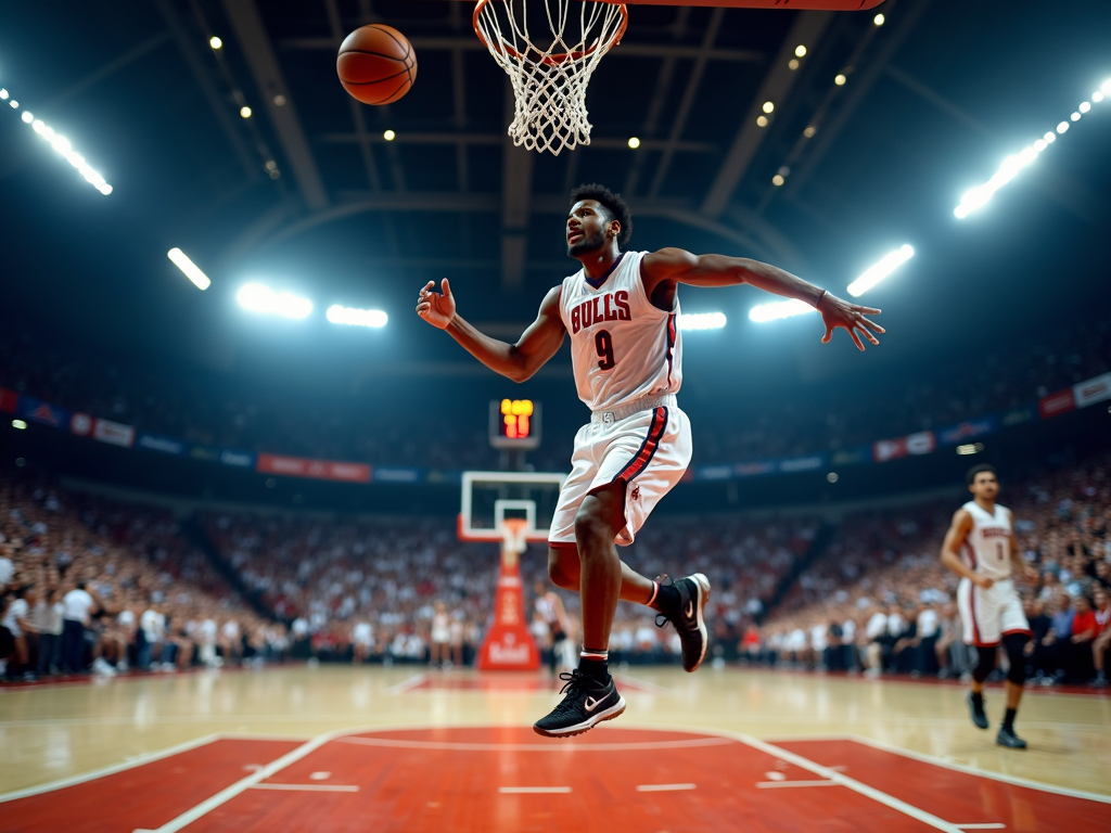 Yoğun bir maç sırasında parlak stadyum ışıkları altında, bir basketbol oyuncusunun zıplama anını ve topun hareketini yakalayan dinamik bir spor fotoğrafı