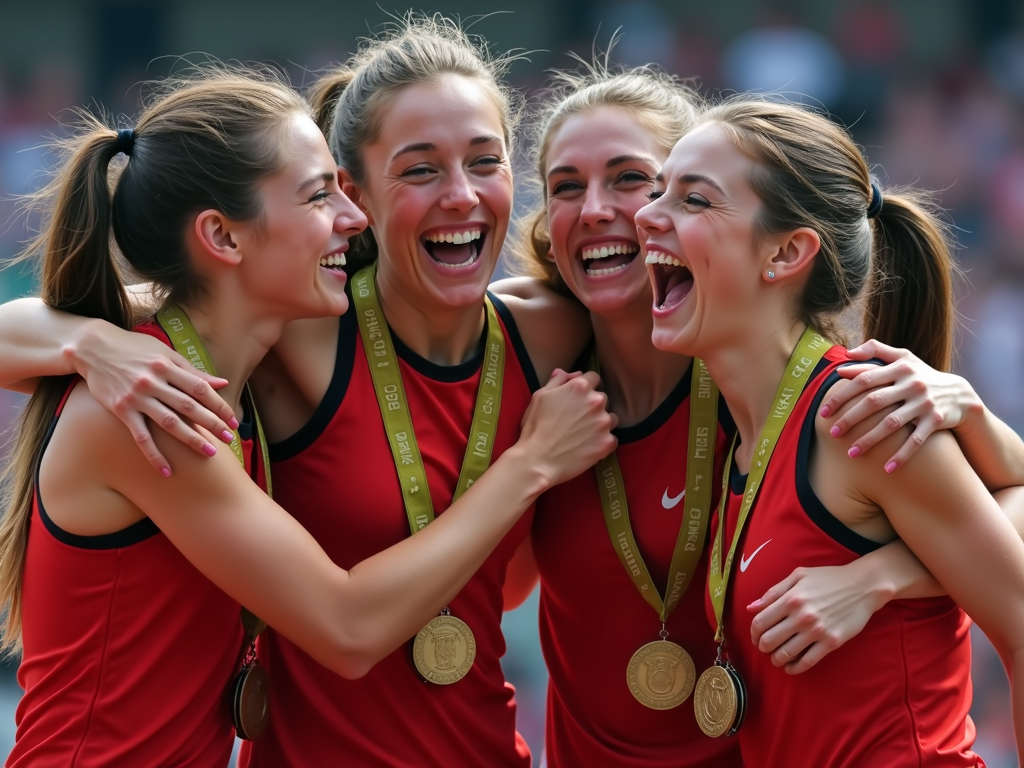 Spor zaferini kutlayan genç kadınlar, madalyalarla sarılarak ve sevinçle tezahürat yapıyorlar.
