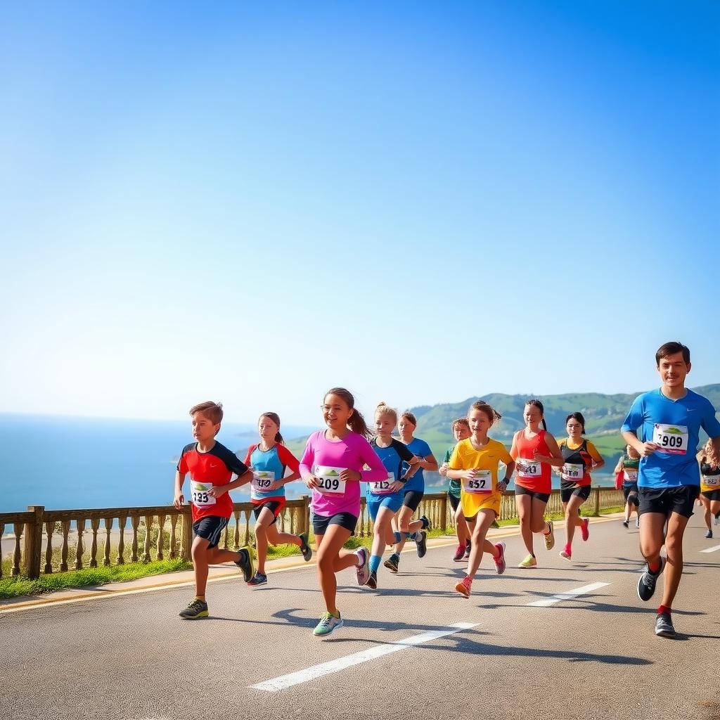 Çanakkale’de sahil yolunda koşu yarışına katılan genç sporcular, deniz ve yeşil tepeler manzarasıyla.