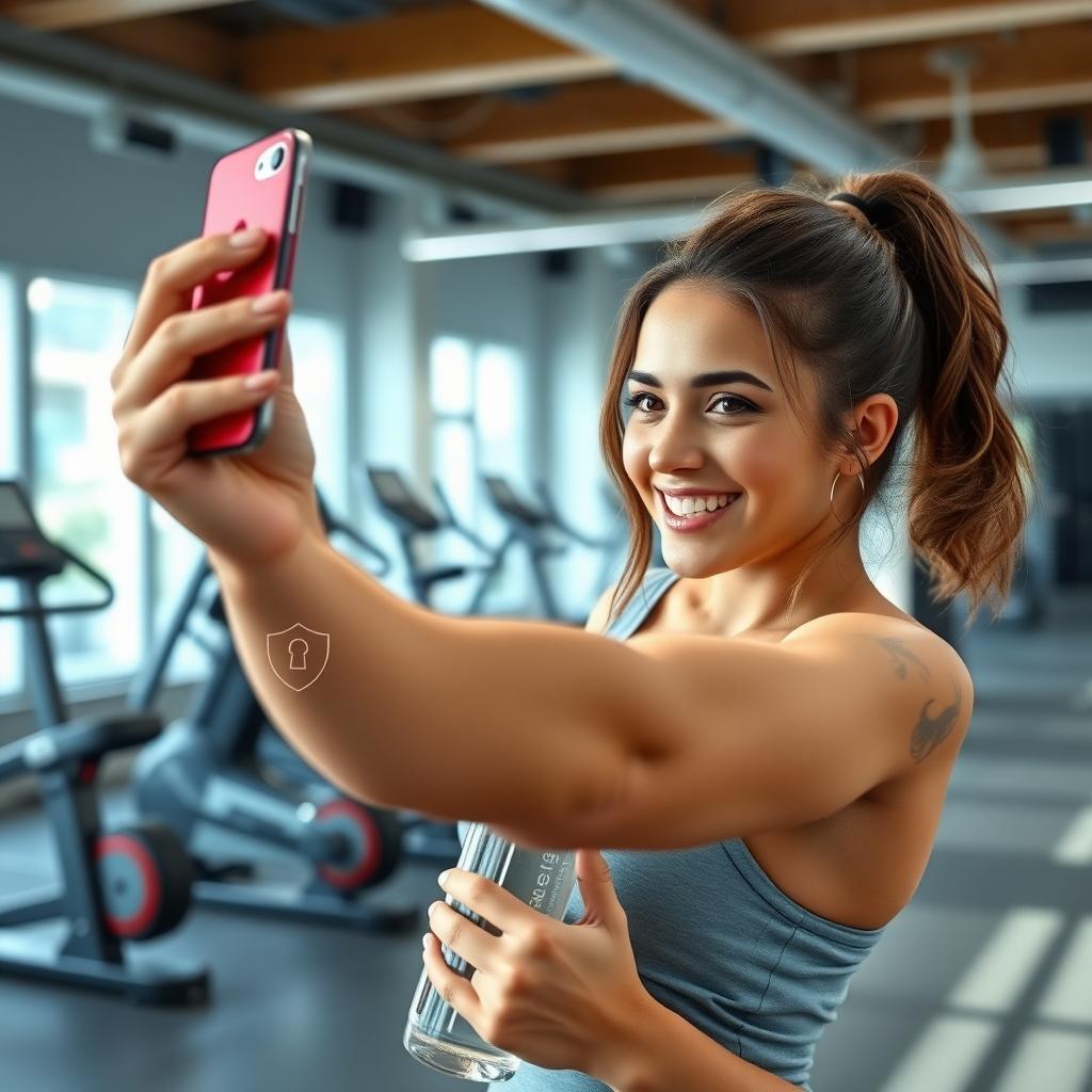 Çanakkale'deki modern bir spor salonunda, akıllı telefonla selfie çeken genç bir kadın, arka planda egzersiz ekipmanları ve dijital güvenlik simgeleriyle.
