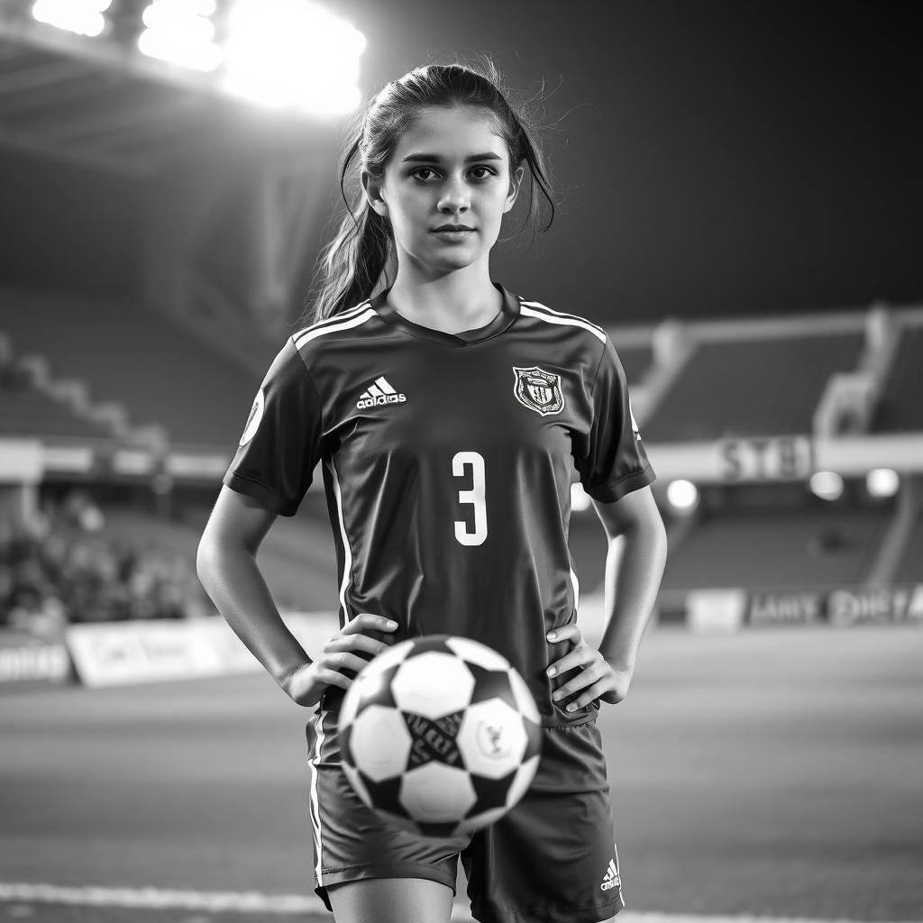 Futbol topuyla poz veren genç bir Türk kadın futbolcunun güçlü bir siyah-beyaz portresi.