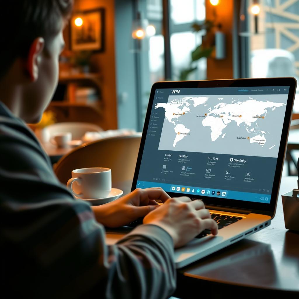 Rahat bir kahve dükkanında, güvenli bağlantı simgesi ve dünya haritasında birden fazla sunucu konumunu gösteren bir VPN arayüzü açık olan bir dizüstü bilgisayarda çalışan bir kişi.