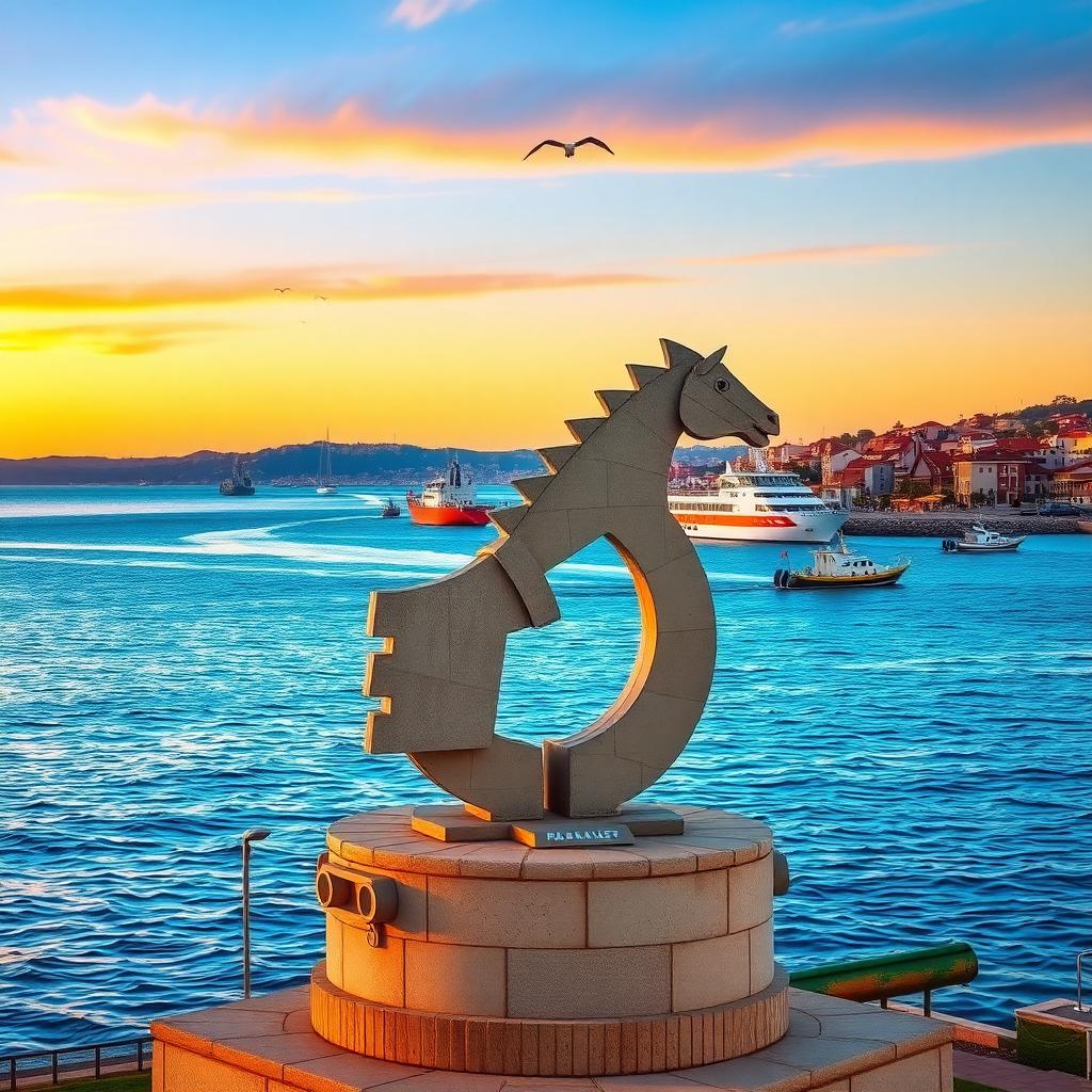 Çanakkale sahilinde gün doğumunda Truva Atı heykeli ve boğaz manzarası