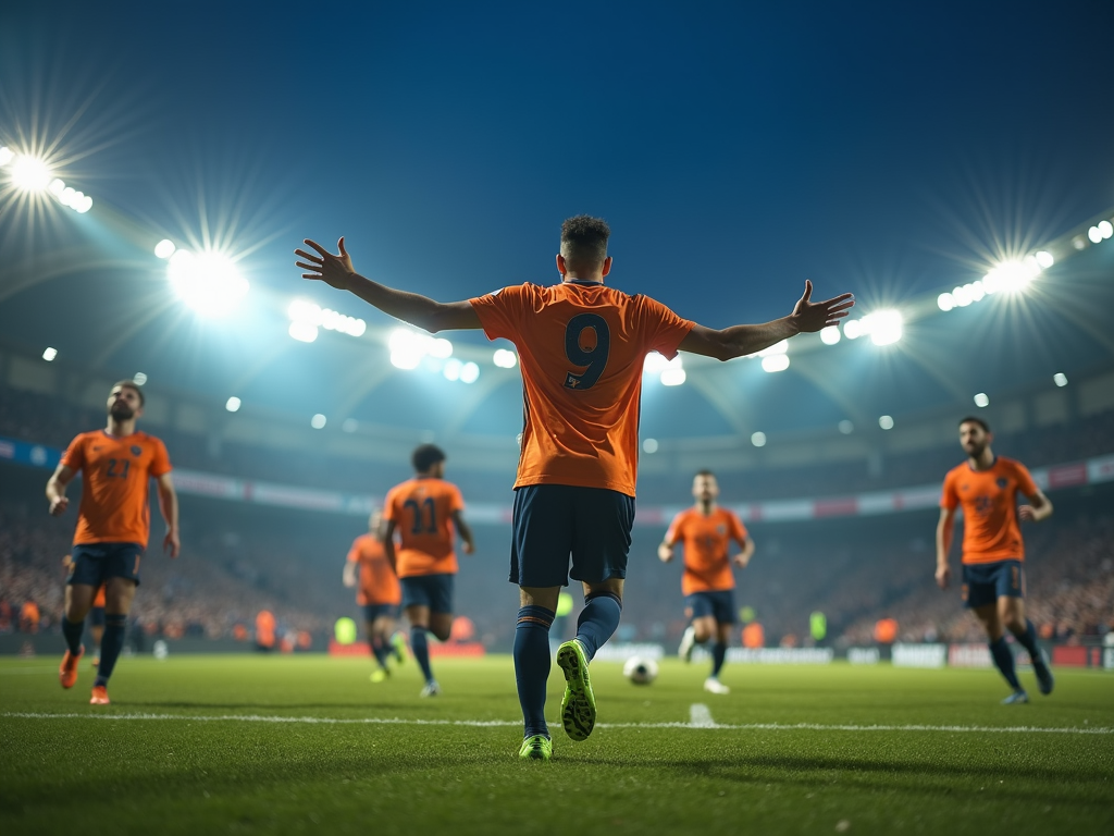Bir futbol oyuncusunun gece stadyum ışıklarında takım arkadaşlarıyla golü kutlaması