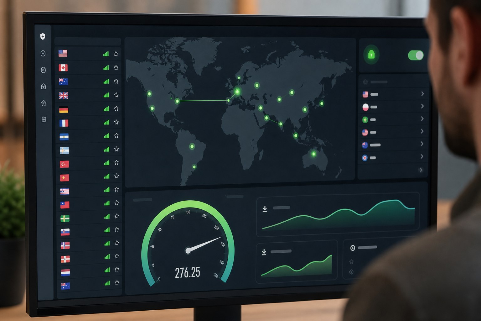 VPN sunucu haritası ve hız testi ekranı