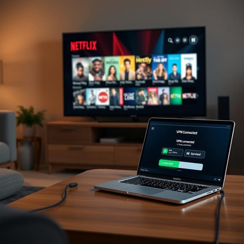 Netflix arayüzünü gösteren bir akıllı TV ve ABD sunucusuna bağlı bir VPN uygulamasını gösteren dizüstü bilgisayar ile rahat bir oturma odası.