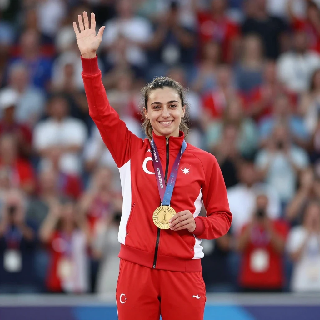 Genç Türk kadın atlet madalya ile kürsüde zafer kutluyor