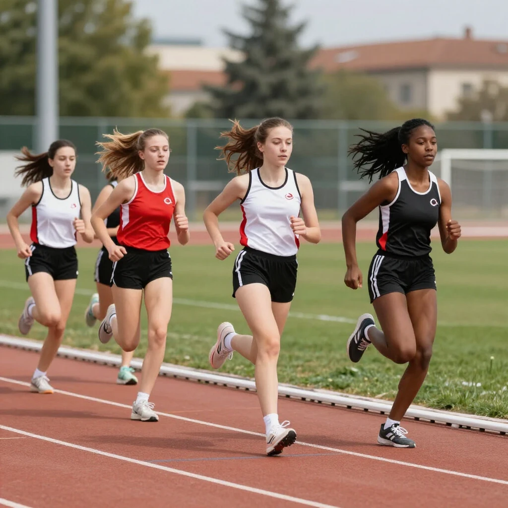 Türkiye'de atletizm pistinde koşan çeşitli ve güçlü genç kızlar grubu