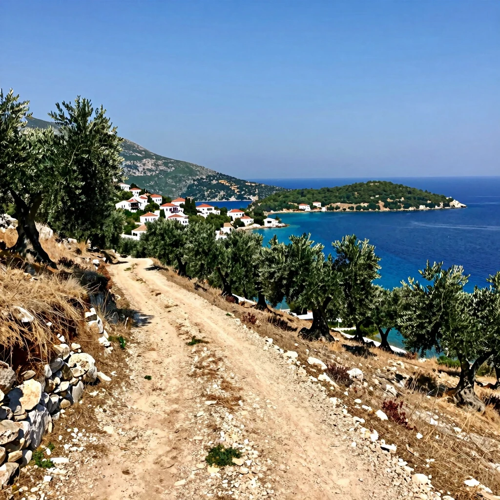 Gökçeada'da Rum köyleri çevresinde deniz manzaralı doğa yürüyüşü yolu