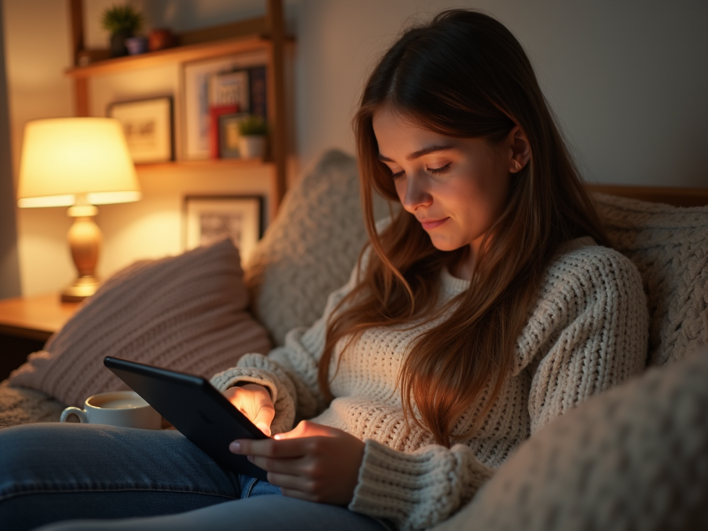 Genç bir kız, odasının rahat bir köşesinde oturarak akıllı telefonunu veya tabletini kullanarak programını yönetiyor. Yanında bir fincan kahve veya çay var.