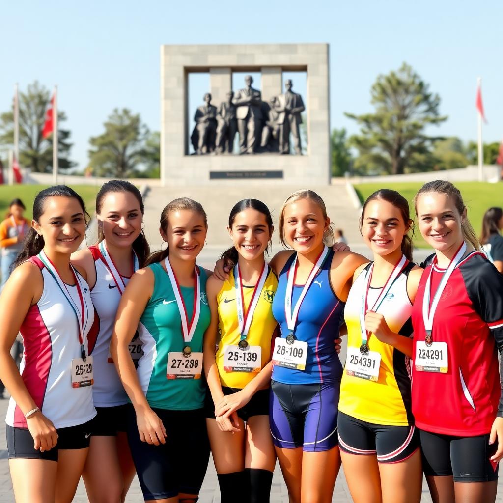 Çanakkale’de yerel bir spor etkinliğinden sonra madalyalarıyla poz veren genç kadın sporcular, arka planda Çanakkale Şehitler Anıtı.