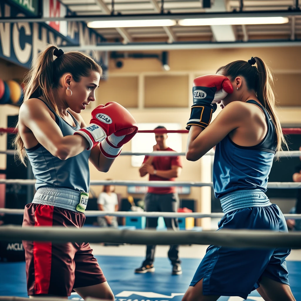 Ringde sparring yapan genç kadın boksörler grubu