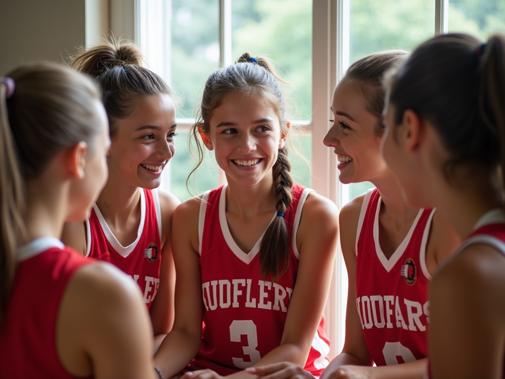 Spor üniformalı bir grup genç kız, birlikte oturup programlarını tartışıyorlar. Gülümseyerek ve keyifli bir şekilde vakit geçiriyorlar.