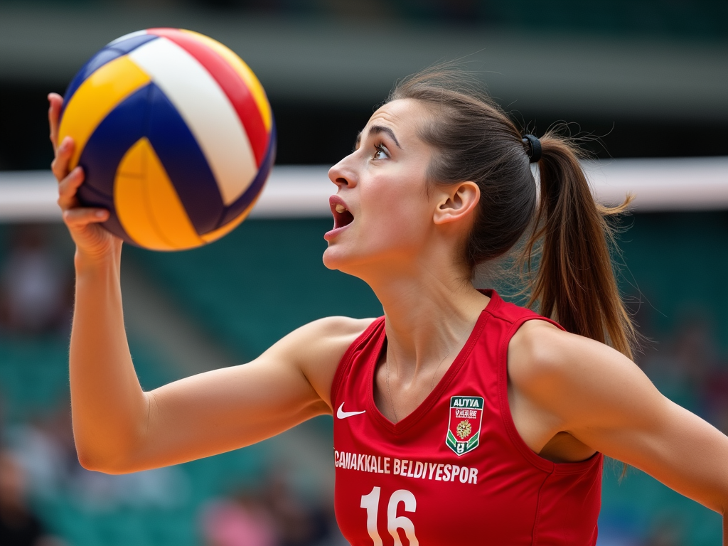 Çanakkale Belediyespor Kadın Voleybol Takımı'ndan bir sporcu smaç yaparken