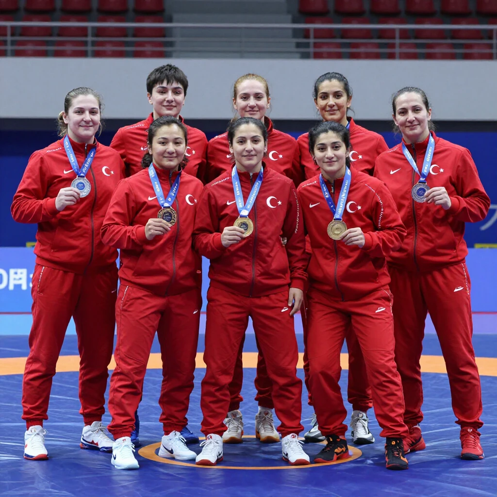 Türk kadın güreş milli takımı sporcuları madalyalarıyla gururla poz veriyor