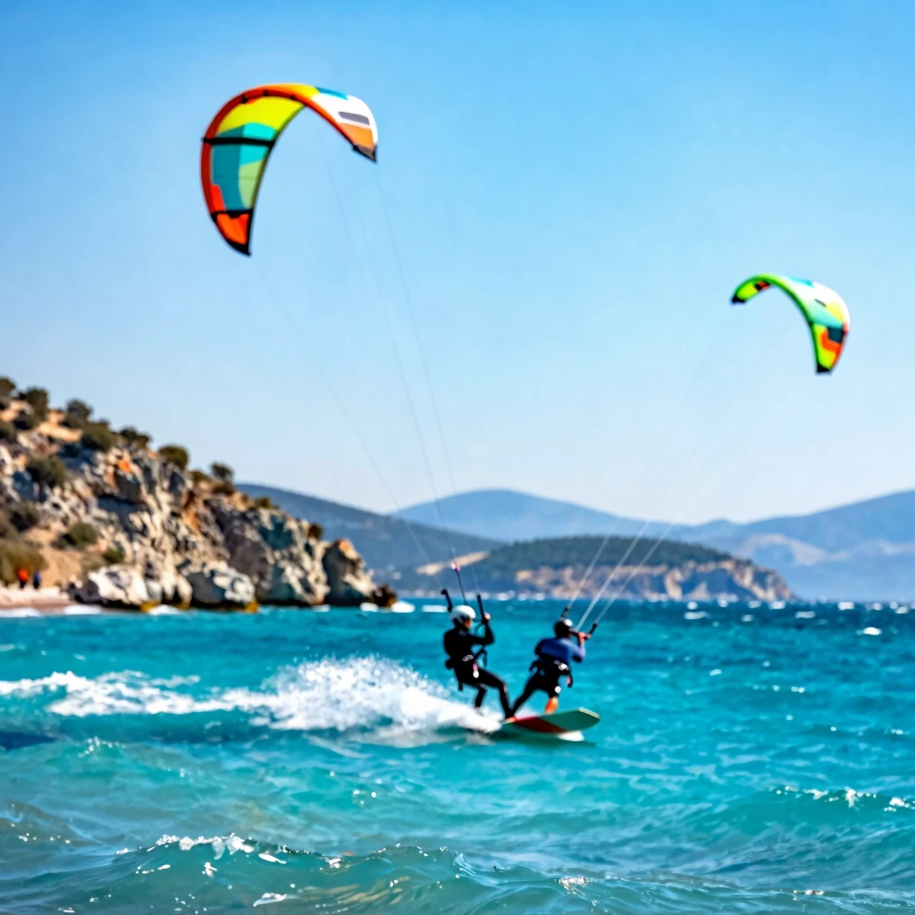 Gökçeada kıyılarında kite sörf yapan renkli yelkenli sporcular