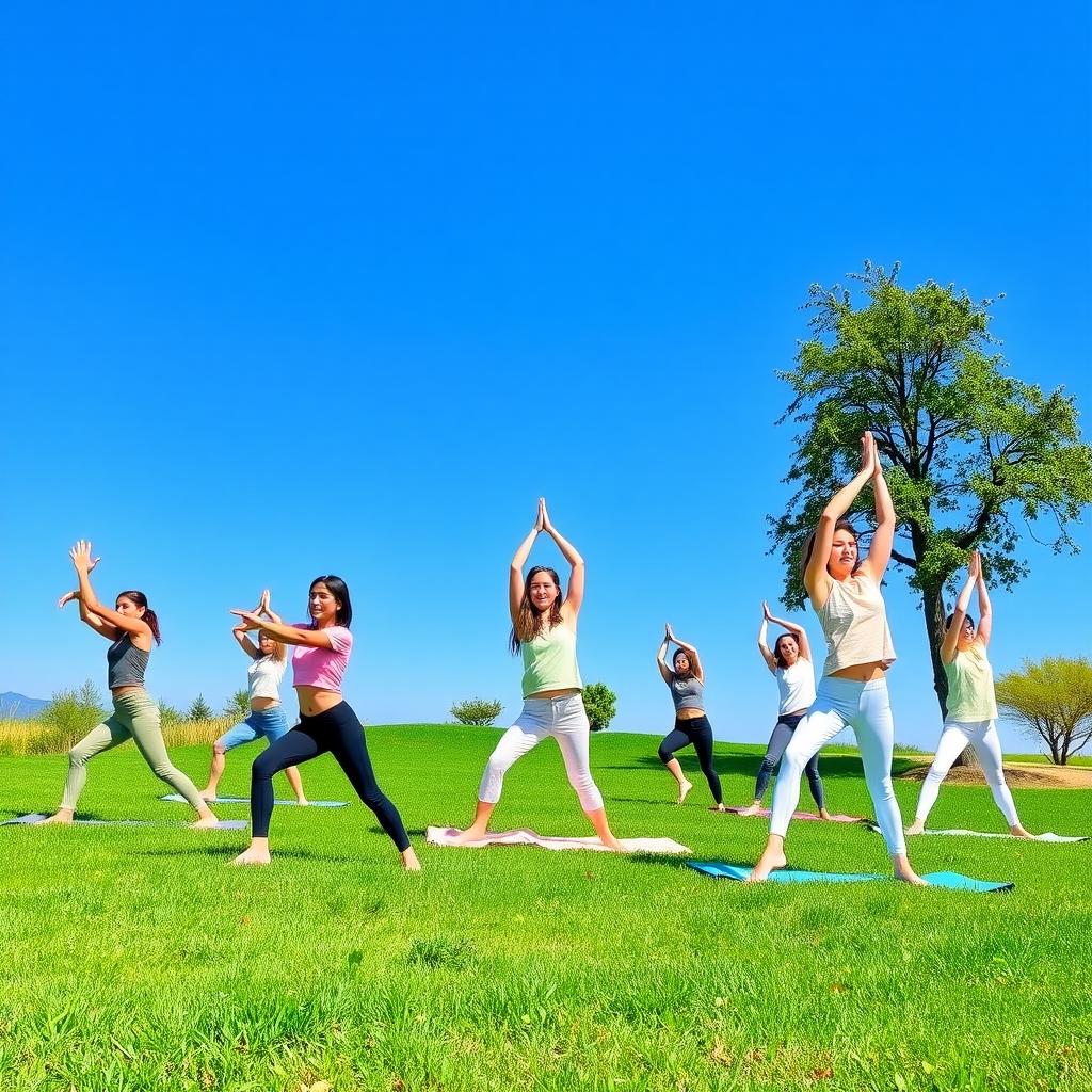 Genç kızlar çim alanda yoga yapıyor, pastel renkli spor kıyafetleriyle huzurlu bir ortamda.