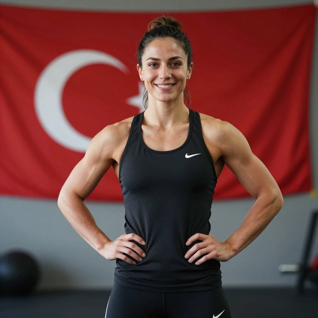 Yasemin Adar Yiğit güçlü ve kararlı bir sporcu portresi, antrenman kıyafetiyle