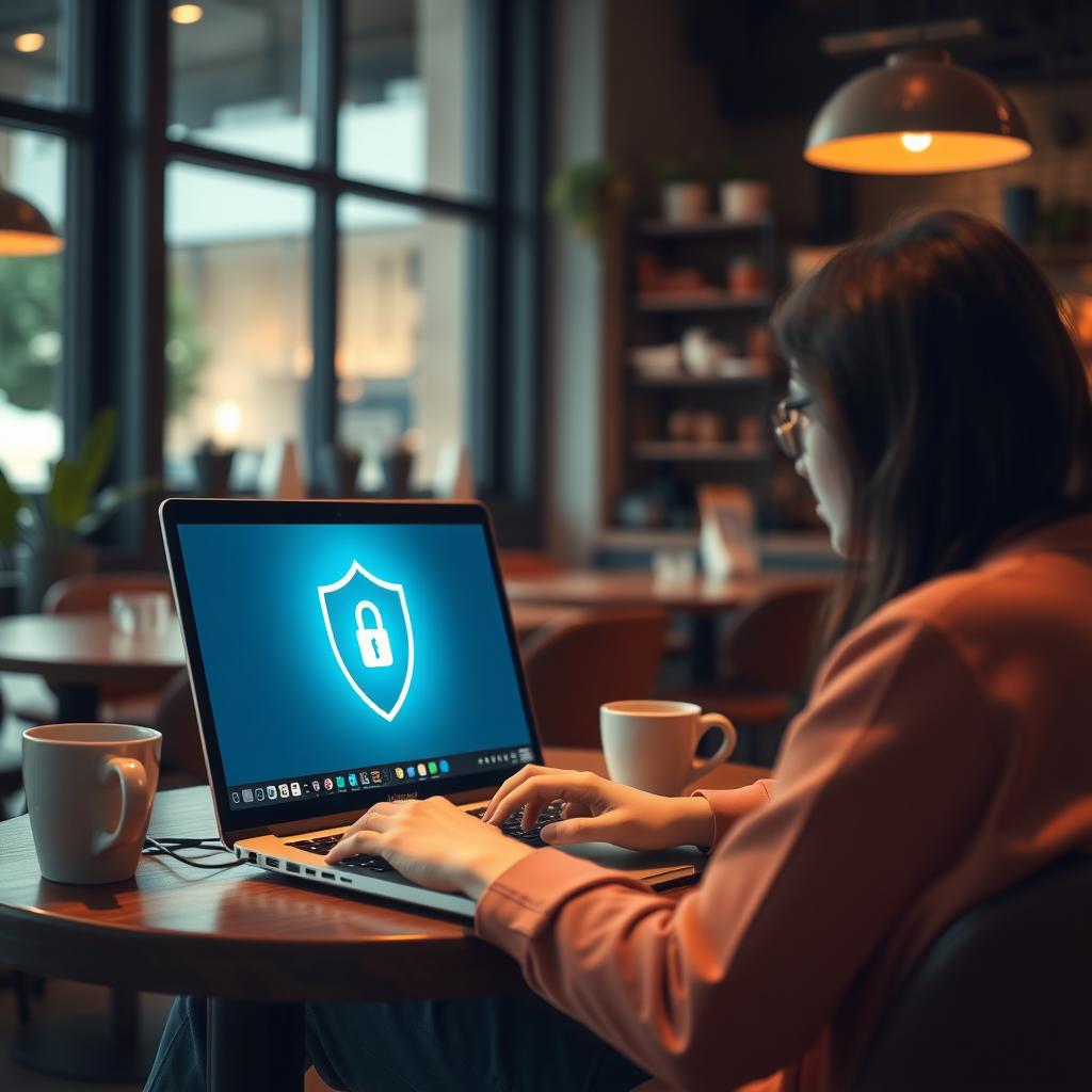 Bir kahve dükkanında laptop kullanan kişi, ekranda VPN kalkanı simgesiyle.