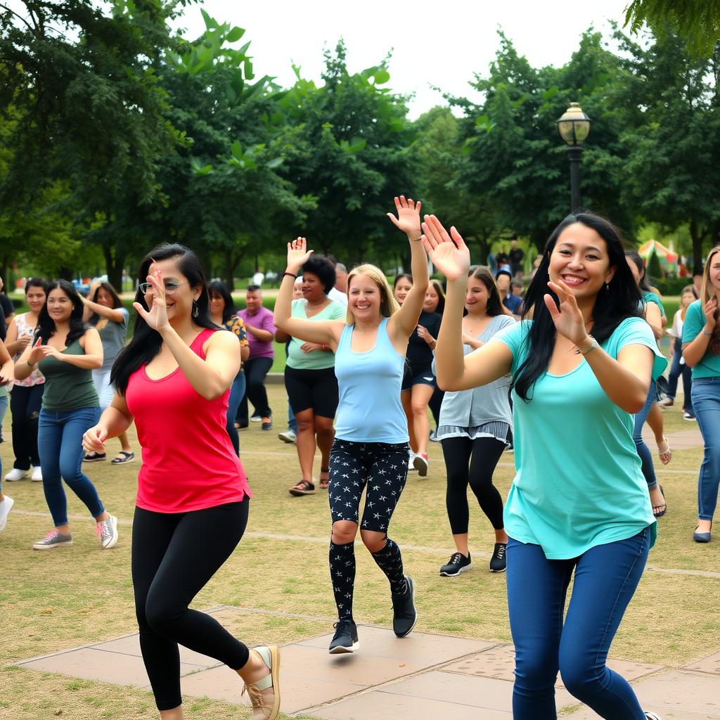 Çanakkale’de bir parkta genç kadınların zumba yaptığı neşeli bir açık hava dans etkinliği.